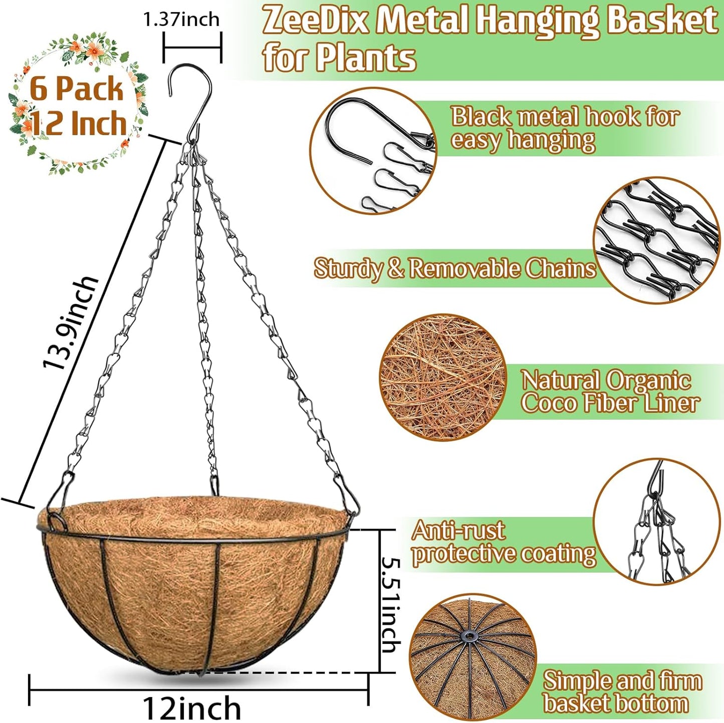 ZeeDix 2 Pack 14 Inch Hanging Baskets for Plants Outdoor, Metal Wire Round Planters with Coco Liner, Hanging Flower Baskets for Home Garden Porch Balcony Railings Decor