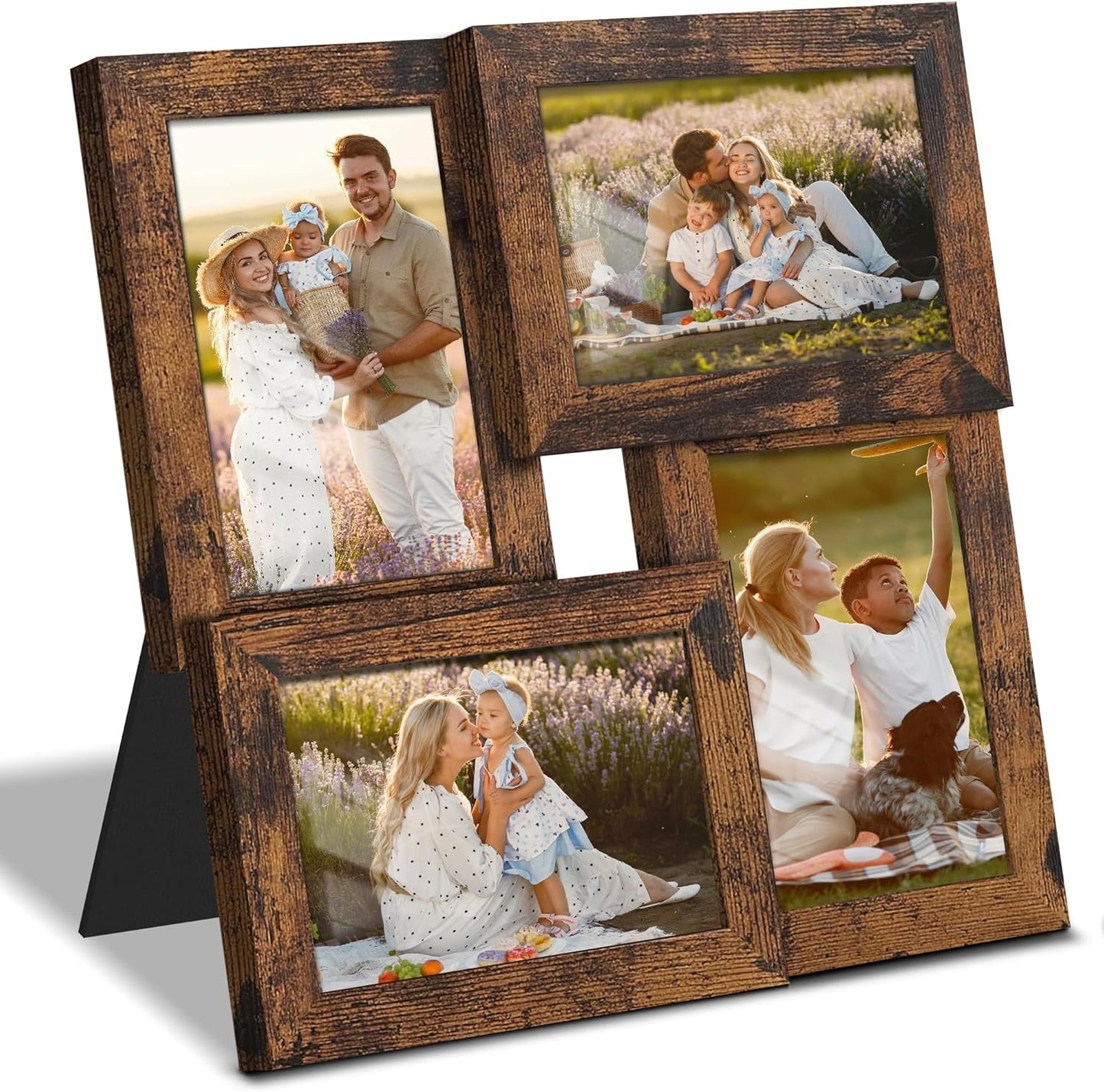 DUENPY 4x6 Collage Picture Frame Tempered Glass Front, Displays Four 4x6 Photo, Family Photo Collage Frame, Wall Decor Wall Hanging or Tabletop, Brown
