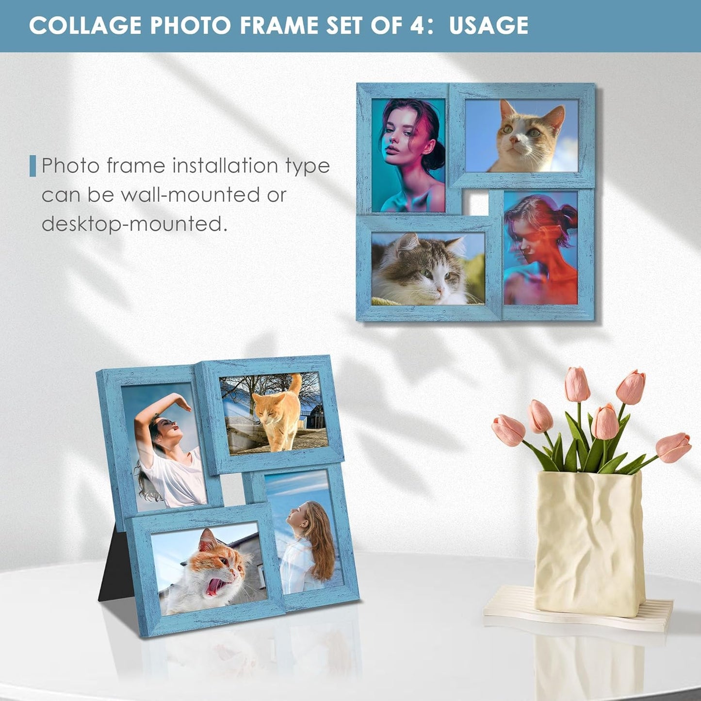DUENPY 4x6 Collage Picture Frame Tempered Glass Front, Displays Four 4x6 Photo, Family Photo Collage Frame, Wall Decor Wall Hanging or Tabletop, Brown