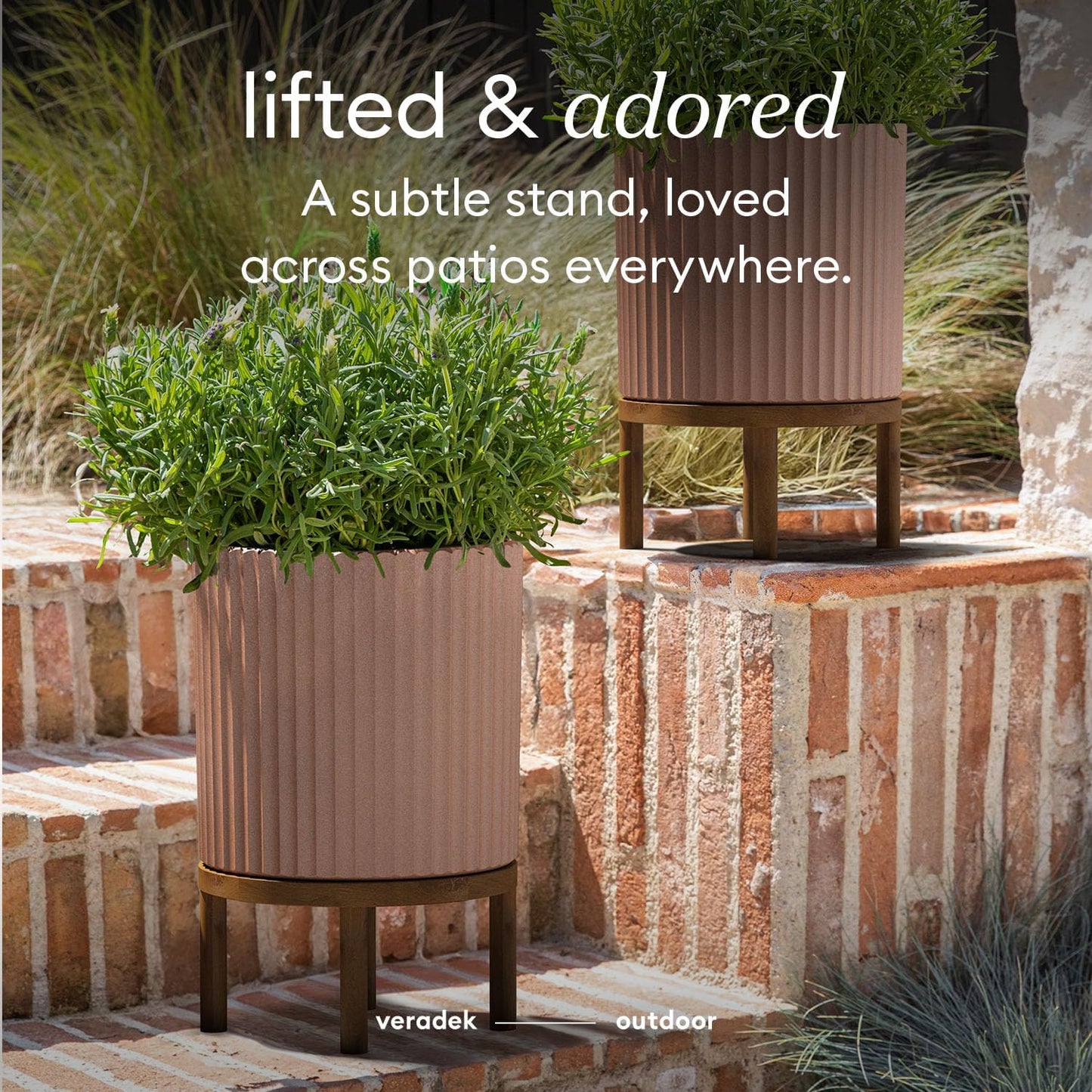 Veradek Demi Series Round Planter w/ Stand for Porch/Patio | Durable Plastic-Concrete & Wooden Stand | Modern Décor for Tall Plants, Flowers