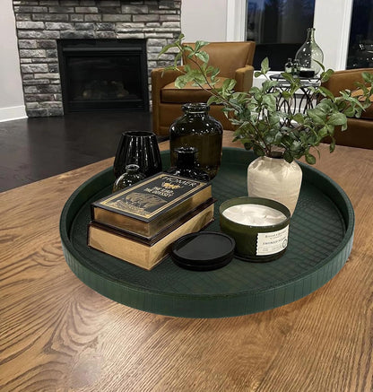 HofferRuffer Round Serving Tray 20'', Elegant Faux Leather Circle Ottoman Table Tray, Serve Tea Coffee Breakfast in Bedroom Living Room Kitchen (Brown)