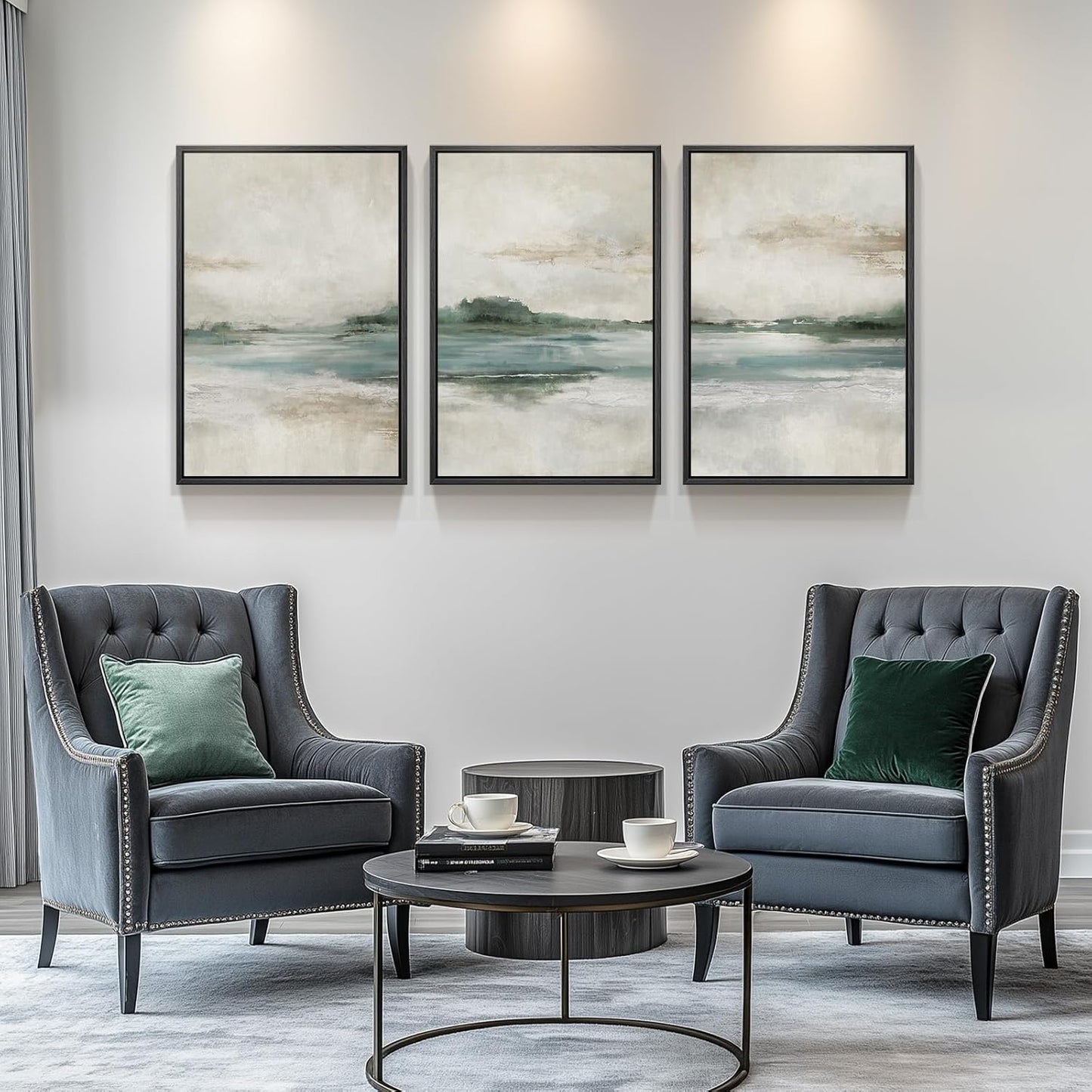 Large Framed Abstract Nature Landscape Wall Art for Living Room, Set of 3 Modern Canvas Prints Paintings Artwork for Walls, Green Lake Pictures for Hallway, Dining Room, Office Wall Decor 24x36 Inch
