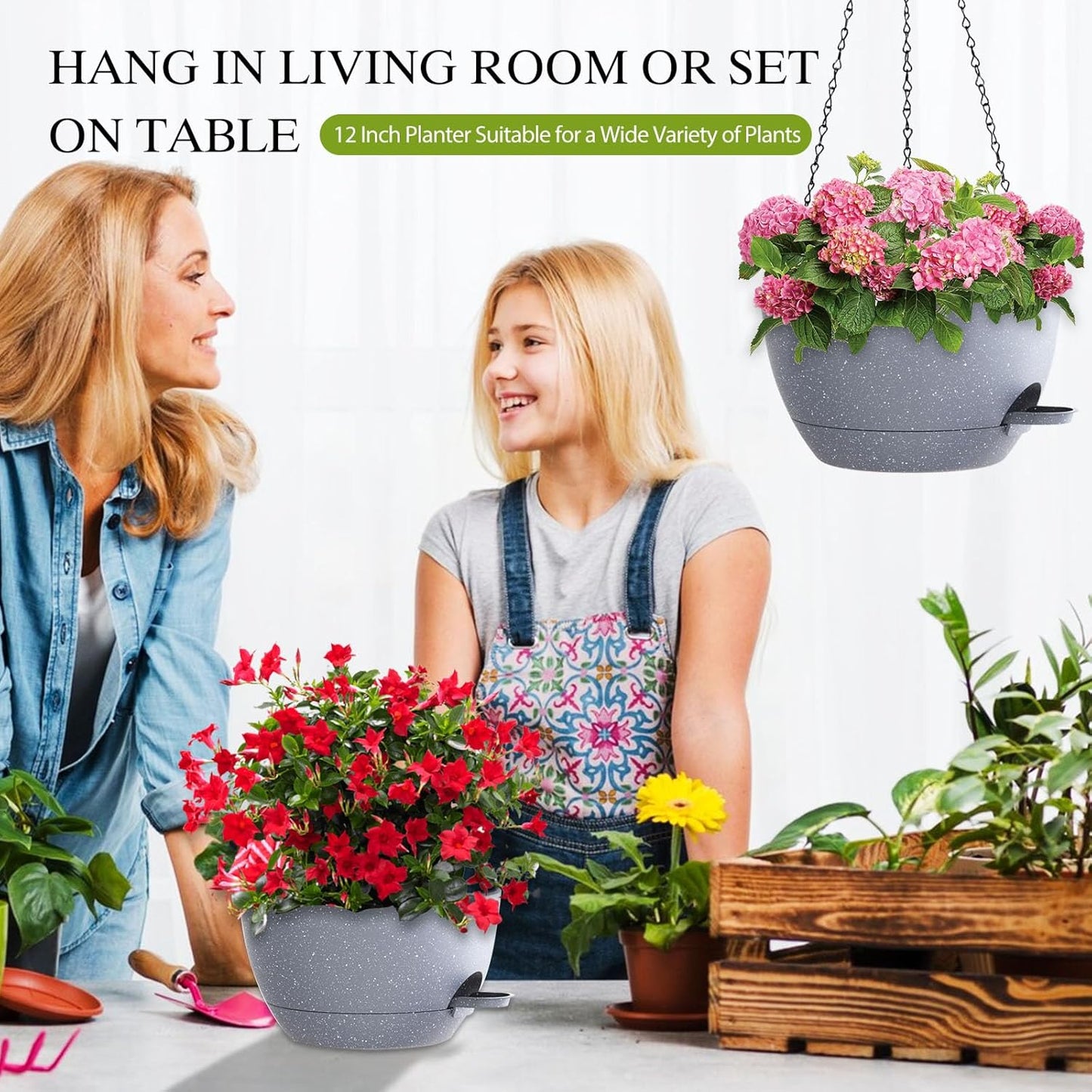12 Inch Hanging Baskets 2 PC with Chains, Self-Watering Hanging Planters for Indoor Outdoor Plants, Plastic Hanging Flower Pots,Black