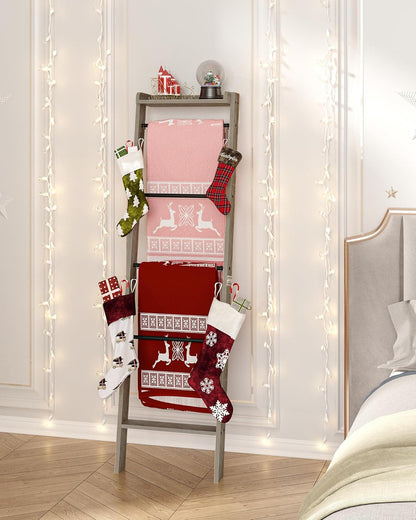 Hzuaneri Blanket Ladder Shelf, Decorative Quilt Rack, 6-Tier Farmhouse Ladder Holder Organizer with 4 Removable Hooks 7.9" D x 17.3" W x 63.4" H, Rustic Brown BR35801B