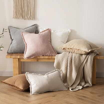 MIULEE Decorative Throw Pillow Covers Neutral Linen Fringe Throw Pillows Set of 2 Natural Beige Boho Farmhouse Cushion Covers with Tassels for Couch Sofa Bed Spring Home Decor 20x20 Inch