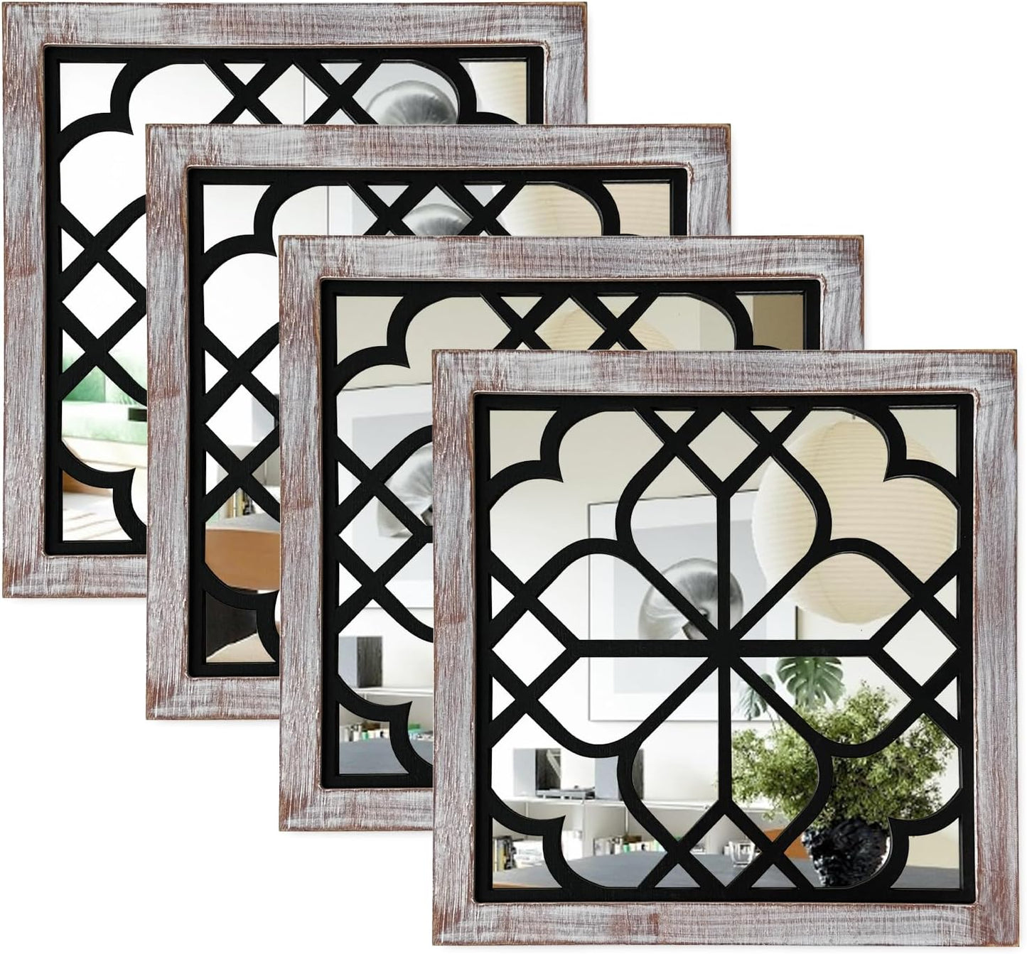 ZEXUIRU 4 Set. Rustic Wall Mirrors for Bedroom Bathroom Living Room Entryway Wood Farmhouse Square Easy to Hang Framed Decorative Accent Hanging Wall-Mounted Mirror Set for Living Room - Black