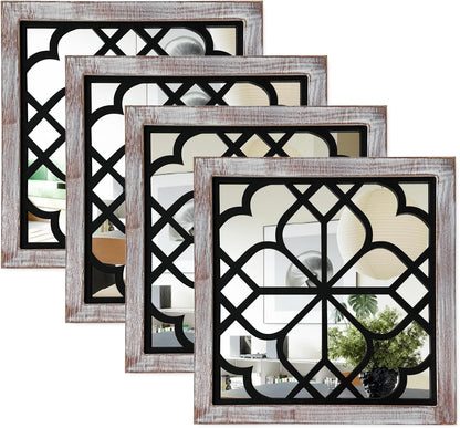 ZEXUIRU 4 Set. Rustic Wall Mirrors for Bedroom Bathroom Living Room Entryway Wood Farmhouse Square Easy to Hang Framed Decorative Accent Hanging Wall-Mounted Mirror Set for Living Room - Black