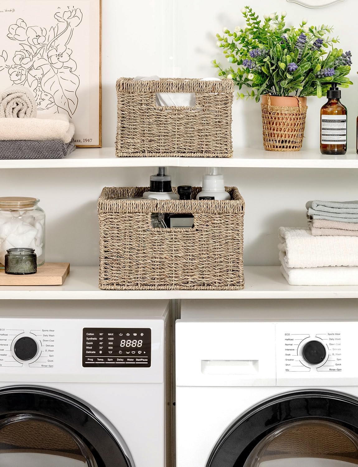 StorageWorks Wicker Basket, Baskets for Organizing, Storage Basket with Built-in Handles, Water Hyacinth Shelves (Medium 2-Pack, Natural Hyacinth)