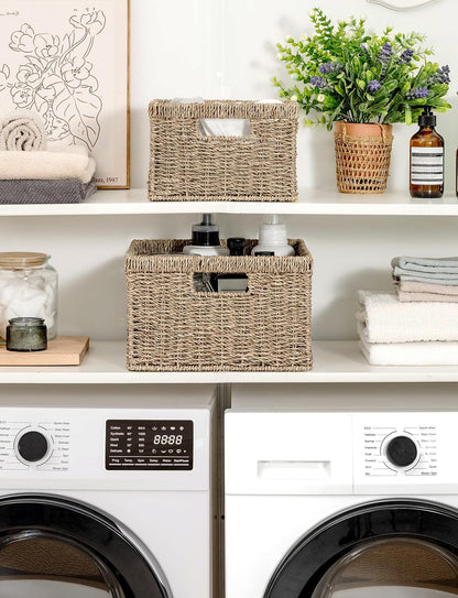 StorageWorks Wicker Basket, Baskets for Organizing, Storage Basket with Built-in Handles, Water Hyacinth Shelves (Medium 2-Pack, Natural Hyacinth)