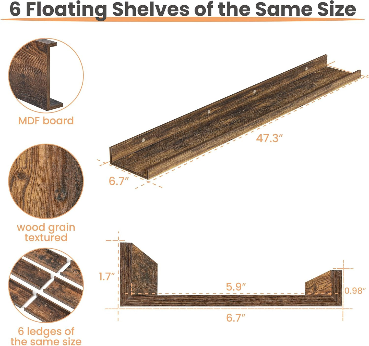 upsimples 6 Pack Wooden Floating Shelves, Wall Storage Decor Shelf for Bathroom, Bedroom, Living Room, Kitchen, Office and Laundry Room, Wall Mounted Display Hanging Shelf, Brown