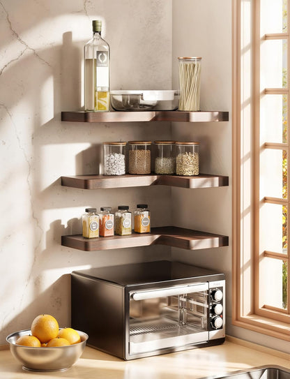 BATODA Acacia Wood Corner Floating Shelves 17" x 12"– Corner Shelf Wall Mounted - Floating Book Shelves for Wall - Brackets and Shelving Hardware Included for Kitchen, Living Room, Bathroom (Set 2)