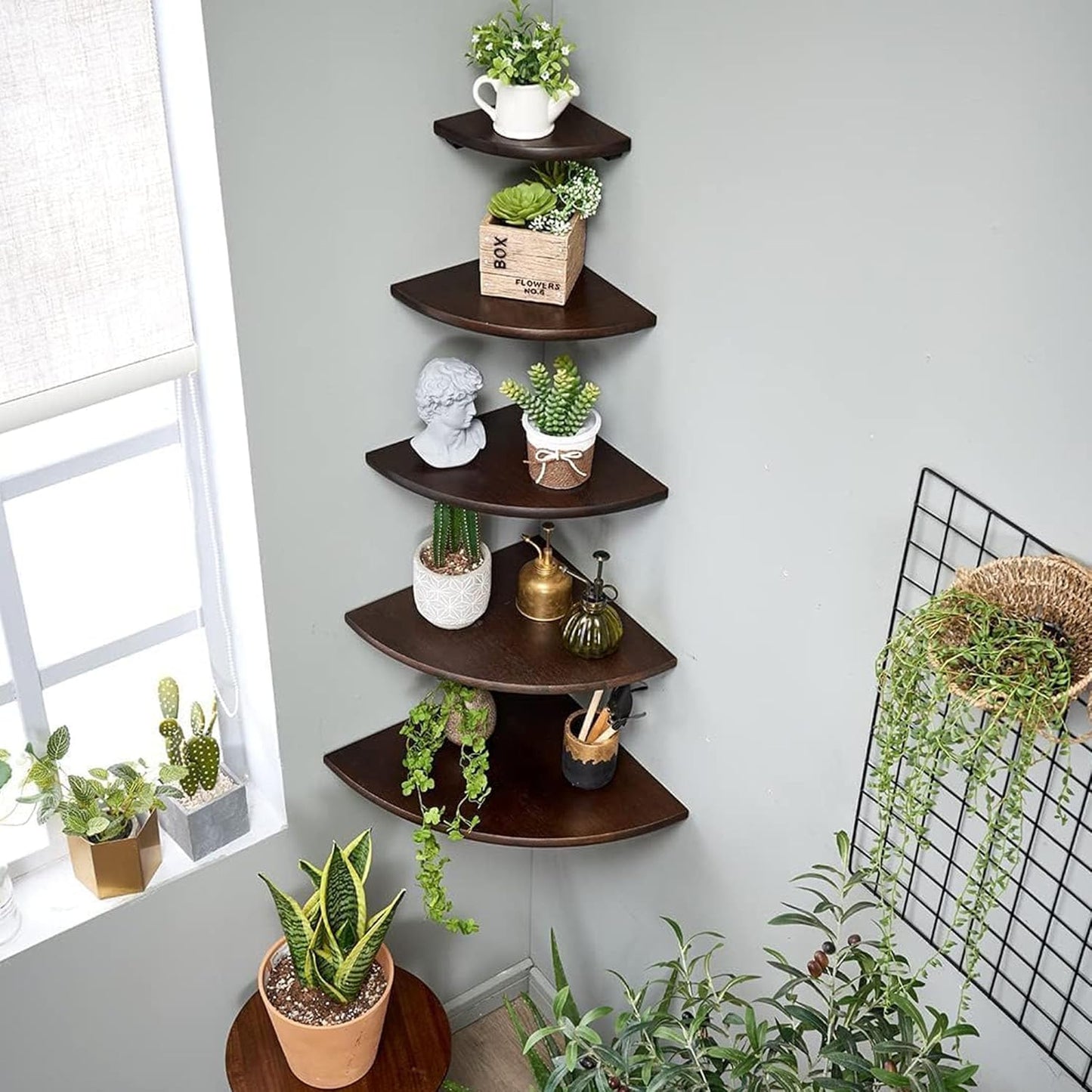 Corner Shelves, Floating Corner Shelf, Set of 2 7inch Solid Oak Wood Wall Shelves, Round End Wall Mount with Wire Hole Shelving for Small Plant for Bedroom Kitchen, Living Room