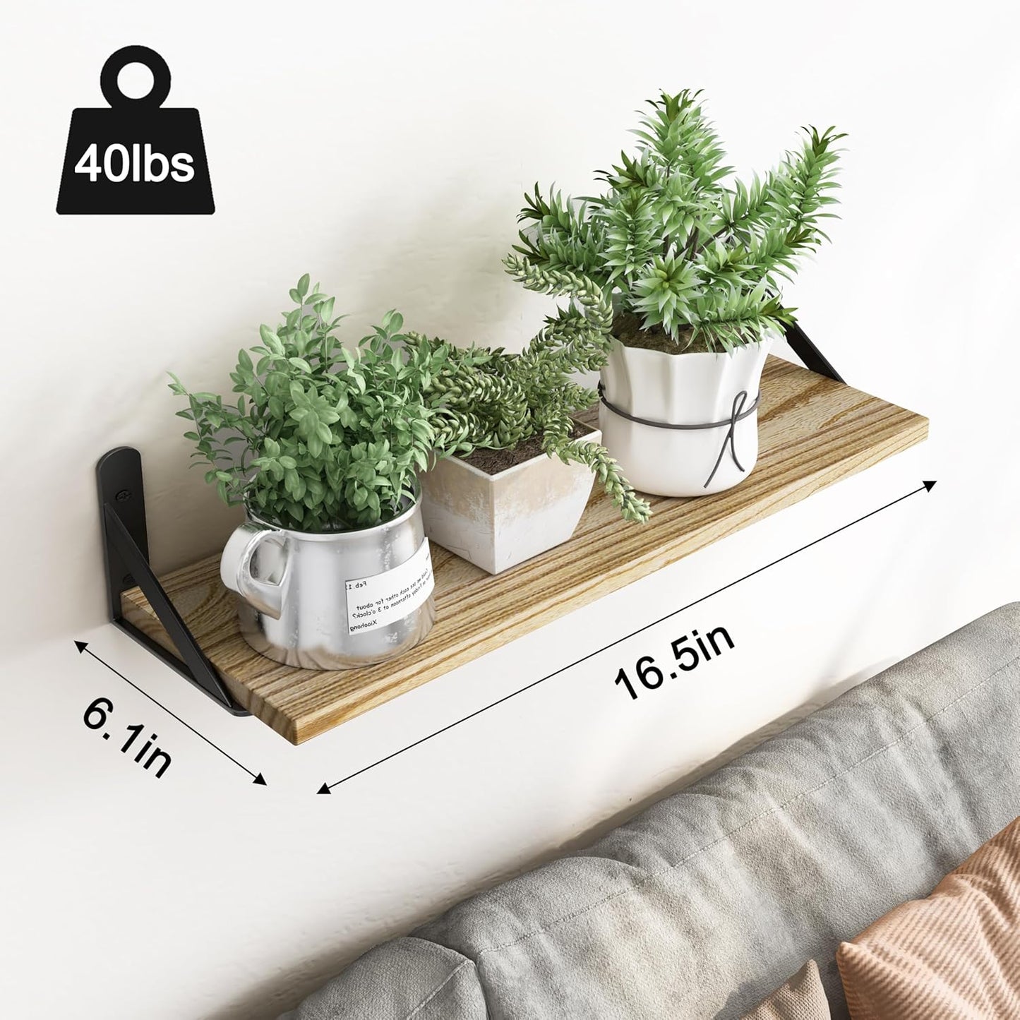 YGEOMER Brown Floating Shelves for Wall, 16.5 Inch Farmhouse Wall Shelves for Bedroom, Bathroom Storage, Living Room and Kitchen Decor (Set of 6 Brown)