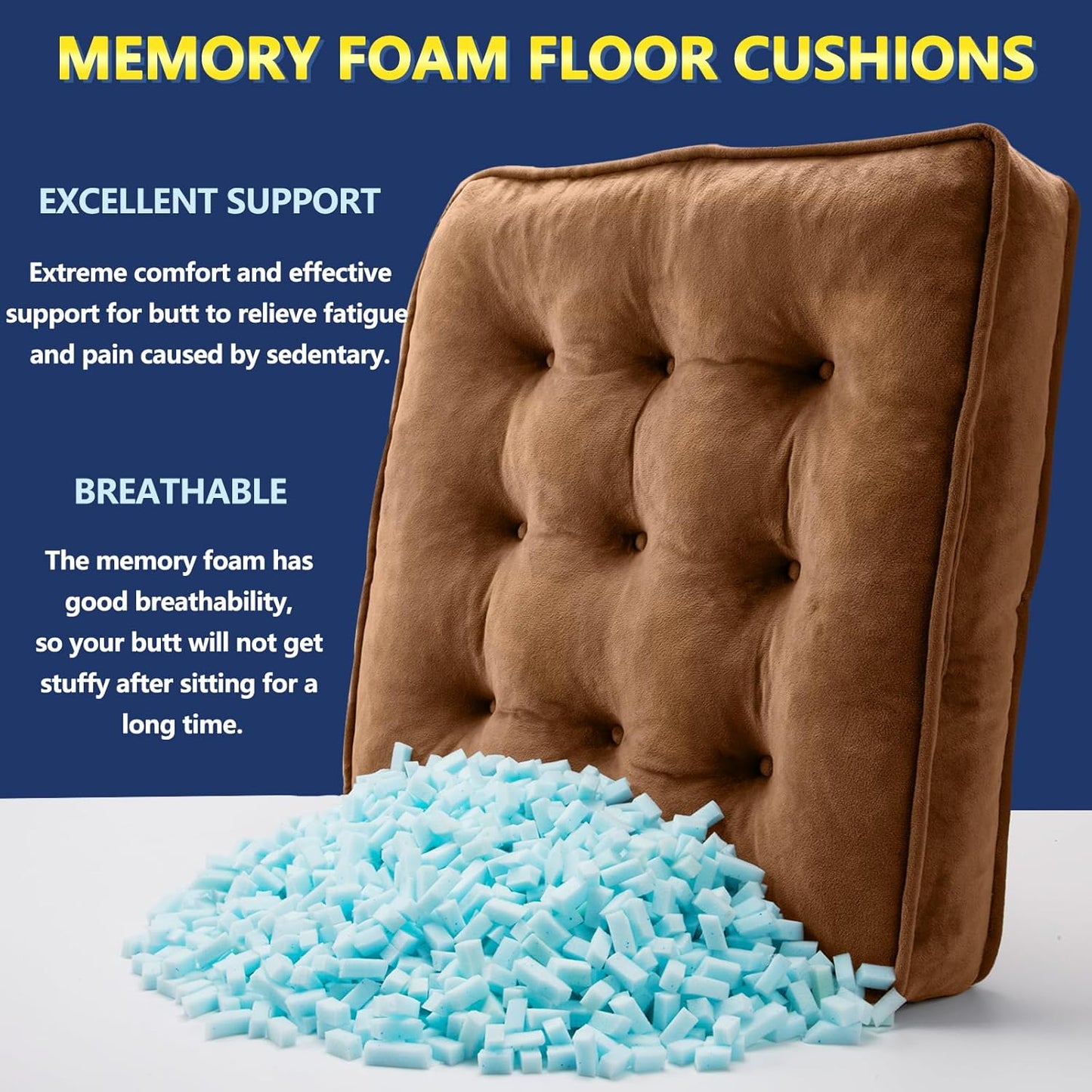 1 MIDDLE ONE Floor Pillow Set of 2, Memory Foam Meditation Cushion, Floor Cushions for Adults Sitting, Large Square Seat Cushions for Yoga, Living Room, 20x20 Inch (Grey)