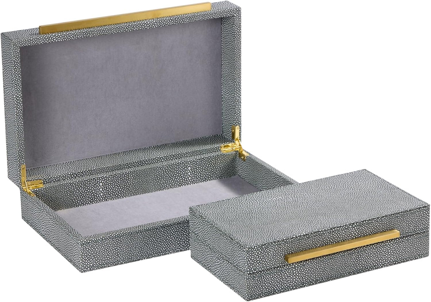Sagala Set of 2 Ivory Shagreen Decorative Boxes With Brushed Gold Metal Handles, Faux Leather Jewelry Boxes Modern Storages Photo Memory Boxes Home Organizer Boxes (Ivory-Gold, 2pack)