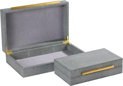 Sagala Set of 2 Ivory Shagreen Decorative Boxes With Brushed Gold Metal Handles, Faux Leather Jewelry Boxes Modern Storages Photo Memory Boxes Home Organizer Boxes (Ivory-Gold, 2pack)