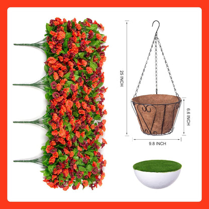 INXUGAO Artificial Flowers with Hanging Basket, Outdoor Faux Plants Silk Morning Glory Vines, Fake Green Arrangement for Garden Patio Spring Summer Decor(4pcs,Darkorchid)