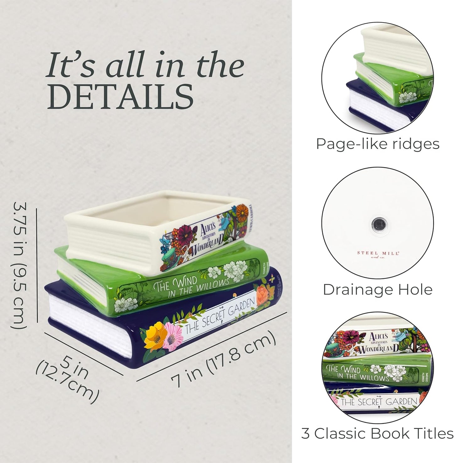 Steel Mill & Co Original Small Book-Shaped Decorative Planter, Ceramic Planter for Home Decor, Cute Bookshelf Accent, Unique Planter for Book Lovers, Alice/Wind in the Willows/Secret Garden