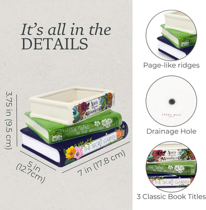 Steel Mill & Co Original Small Book-Shaped Decorative Planter, Ceramic Planter for Home Decor, Cute Bookshelf Accent, Unique Planter for Book Lovers, Alice/Wind in the Willows/Secret Garden