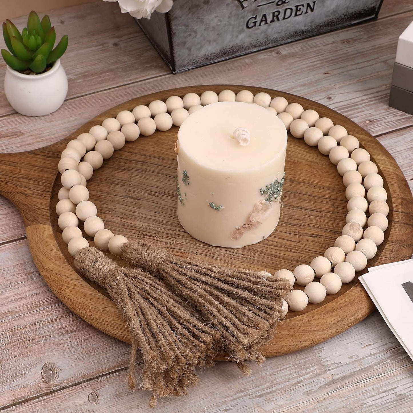 IMIKEYA Wooden Beads Garland: Farmhouse Wood Bead Garland with Tassels Boho Wall Hanging for Home Decor Tiered Tray Rustic Wood Prayer for Coffee Table Decor