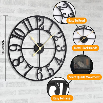 LEIKE 16" Large Wall Clocks Battery Operated, Round Modern Silent Non-Ticking Black Metal Wall Clock for Living Room Decor, Bedroom Kitchen (40cm Diameter, Black Roman Number)