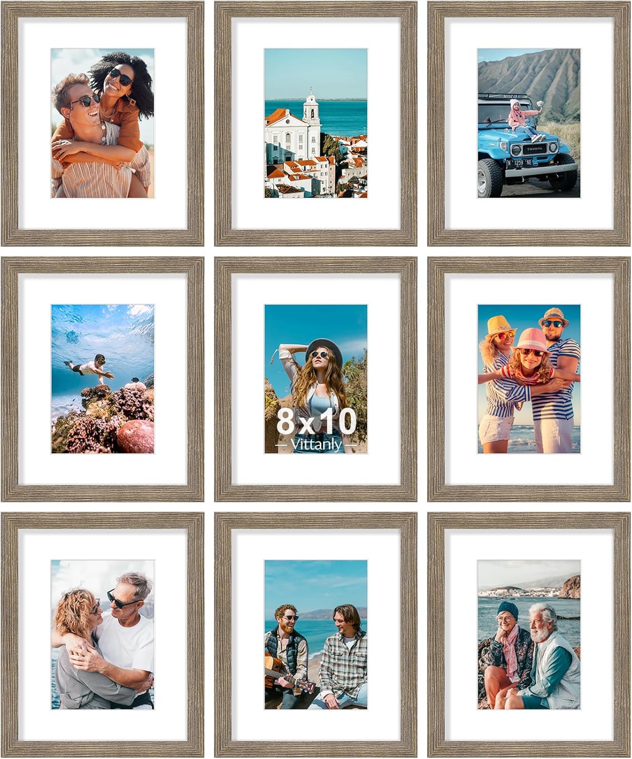 Vittanly 8x10 Picture Frames Set of 9, Shatter Resistant Plexiglass, Display 5x7 Pictures with Mat or 8x10 without Mat, Photo Frames for Wall or Tabletop, Engineered Wood, Black - Colors B