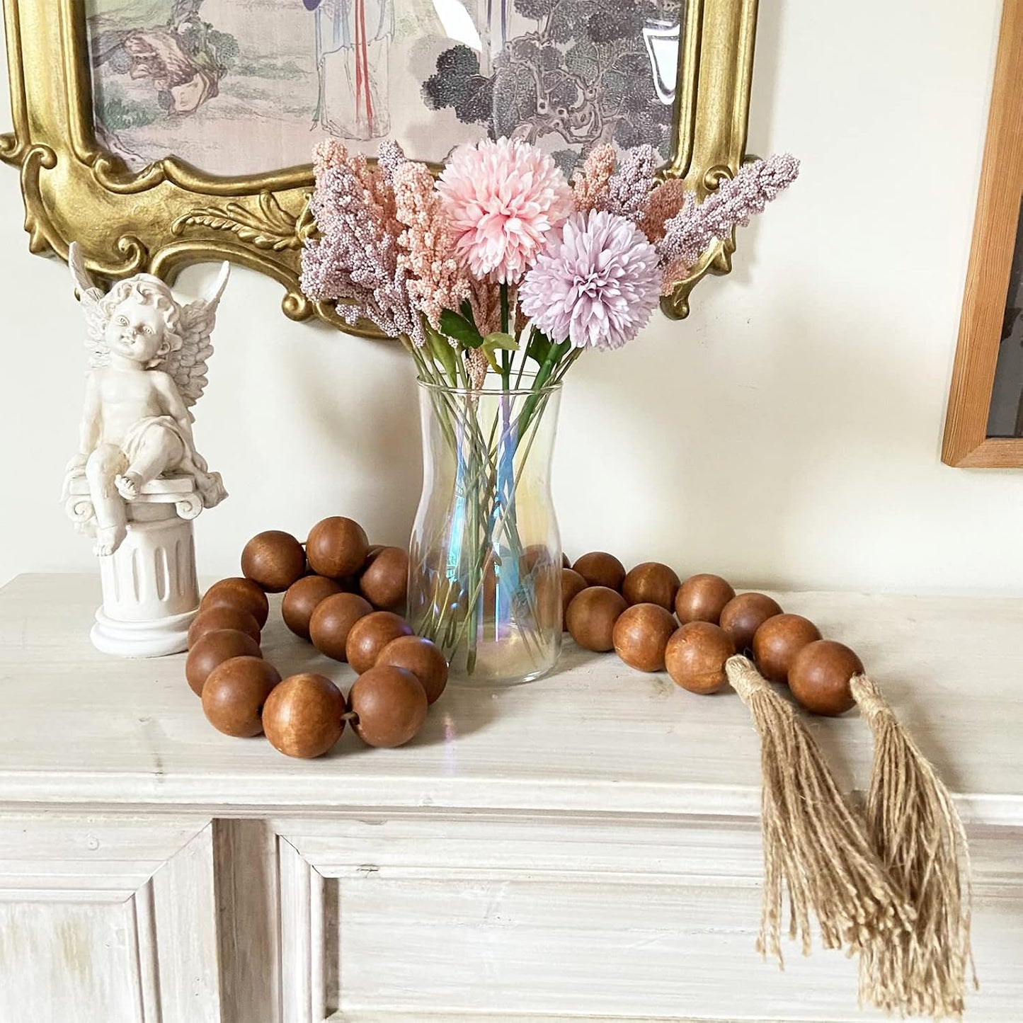OMISHE Extra Large Wood Bead Garland with 1.6" Diameter Wooden Beads and Tassels, 41" Long Rustic Farmhouse Country Decorative Beads for Home Tiered Tray Decor, Natural Beige