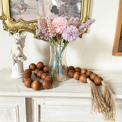 OMISHE Extra Large Wood Bead Garland with 1.6" Diameter Wooden Beads and Tassels, 41" Long Rustic Farmhouse Country Decorative Beads for Home Tiered Tray Decor, Natural Beige