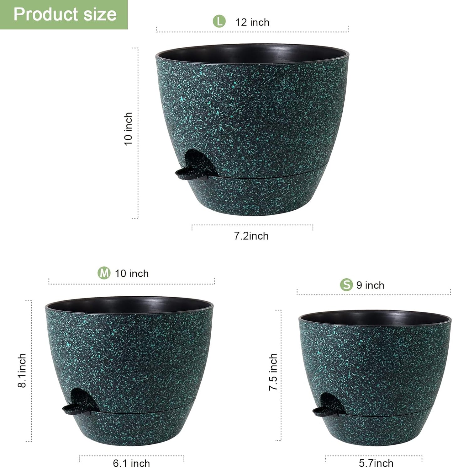 WSMKSZ 10/9/8 inch Self Watering Pots, Planter, Plant Pots with Mesh Drainage Holes for Indoor Outdoor Garden Plants, Plastic Flower Pots with Deep Reservoir for House Plants, Green with Brown