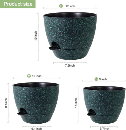 WSMKSZ 10/9/8 inch Self Watering Pots, Planter, Plant Pots with Mesh Drainage Holes for Indoor Outdoor Garden Plants, Plastic Flower Pots with Deep Reservoir for House Plants, Green with Brown