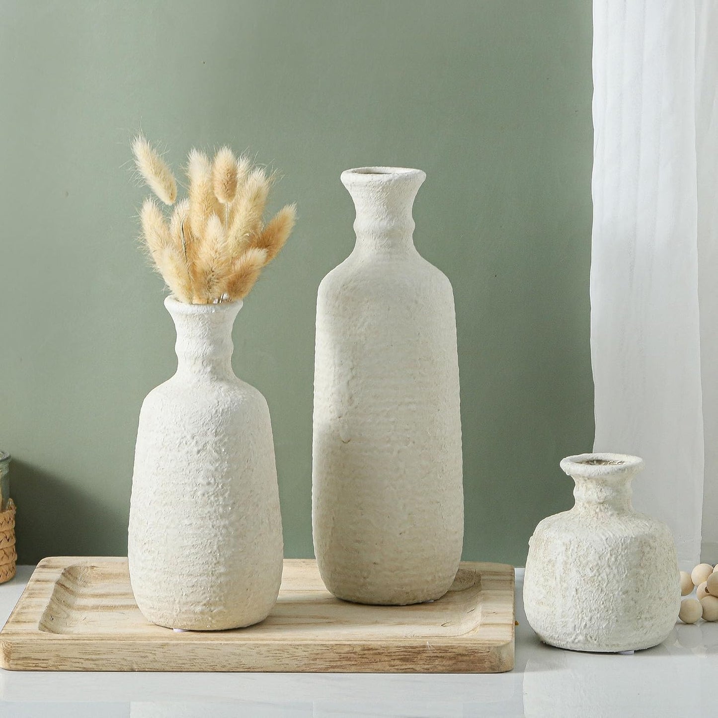 Ceramic Vase Set of 3 | Neutral Vase Home Decor with Handle | Pottery Modern Farmhouse Vases Pampas Grass Flower Vases for Home Decor Table Living Room Centerpieces Mantel Decor - Multicolor