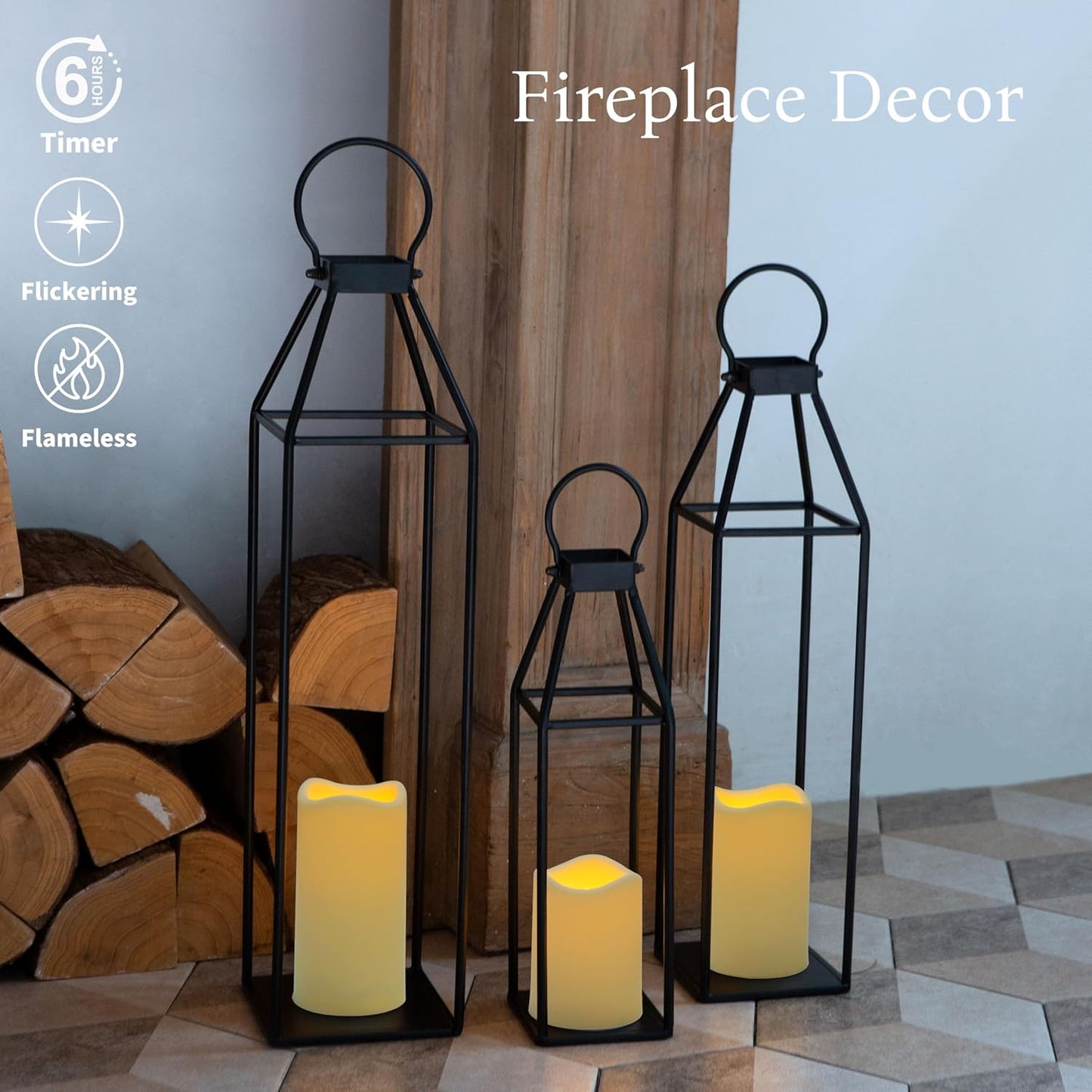 Perfnique Modern Farmhouse Lantern Decor, 15'' 13'' Set of 2 Black Metal Lantern, 2 LED 6hr Timer Flameless Candles ＆ Remote Timer, Lanterns Decorative for Outdoor, Home, Indoor, Patio, Christmas