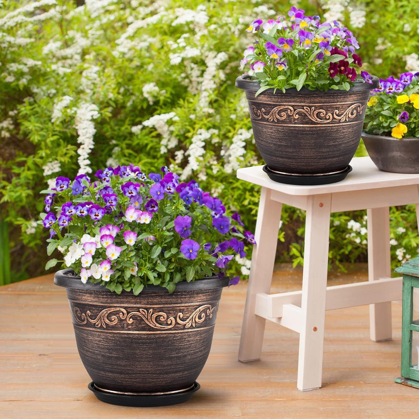 Plastic-Plant-Flower-Planters-8 Inch With Drainage Hole & Saucer, 6 Packs Lightweight Small Resin Flower Pot Indoor Outdoor, Retro Antique Imitation Decorative Garden Containers Sets For Houseplants
