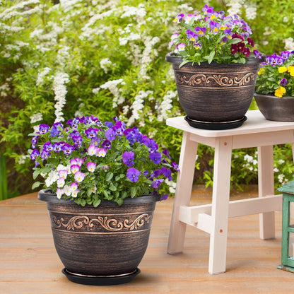 Plastic-Plant-Flower-Planters-8 Inch With Drainage Hole & Saucer, 6 Packs Lightweight Small Resin Flower Pot Indoor Outdoor, Retro Antique Imitation Decorative Garden Containers Sets For Houseplants