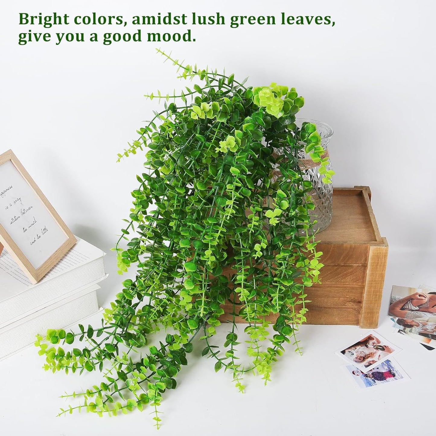 RECUTMS Artificial Hanging Plants Fake Hanging Plant Faux Eucalyptus Leaf Greenery Vine Outdoor UV Resistant Plastic Plants Home Garden Wedding Party Indoor Outdoor Decorations(White)