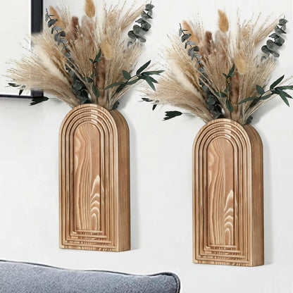 Wooden Wall Planter Set of 4 - Modern Home Decor for Living Room, Bedroom, Bathroom - Walnut Finish Planter for Dried Flowers, Faux Greenery, Indoor Plants