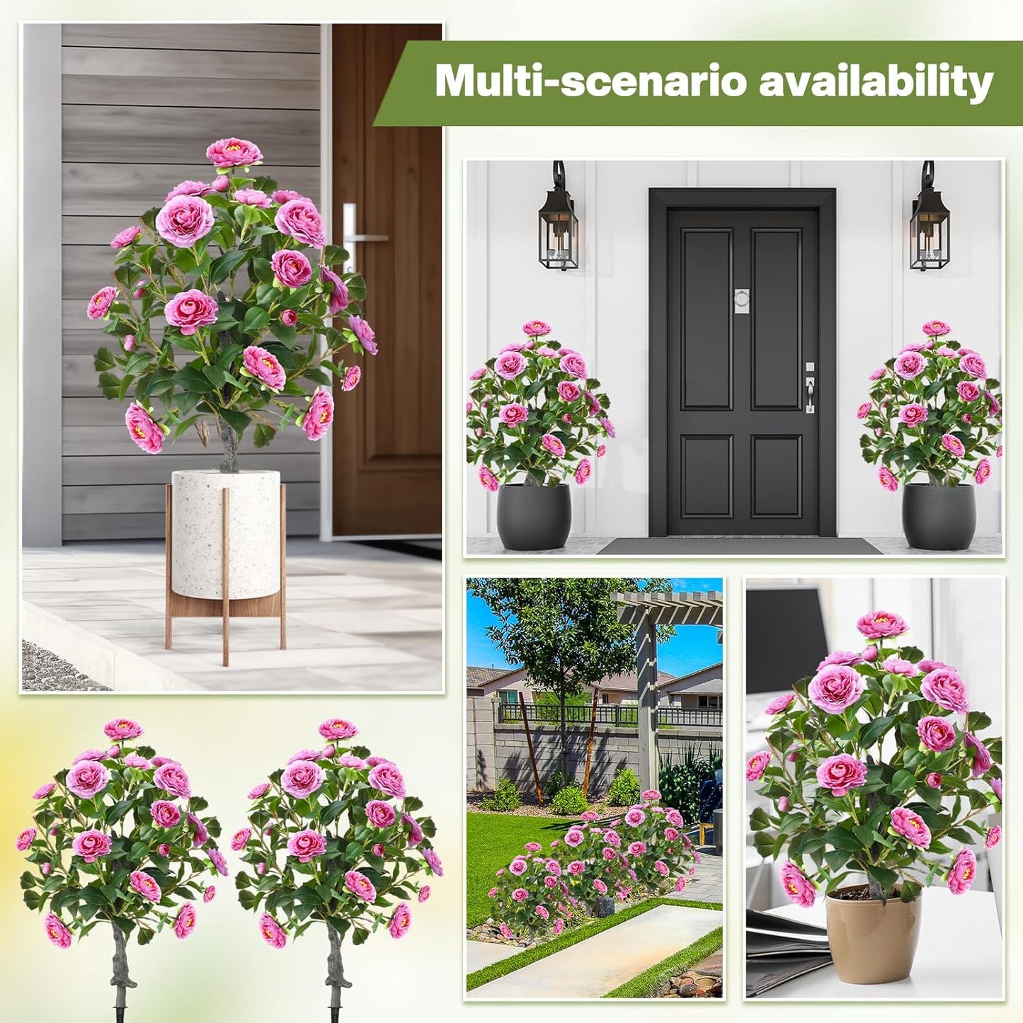 Lunmon 2 Pack 3ft Artificial Camellia Plants Tree 36" Faux Camellia Flower with Spike UV Resistant Realistic Fake Floral Blooming Bush for Indoor Outdoor Front Door Porch Backyard Garden, Purple