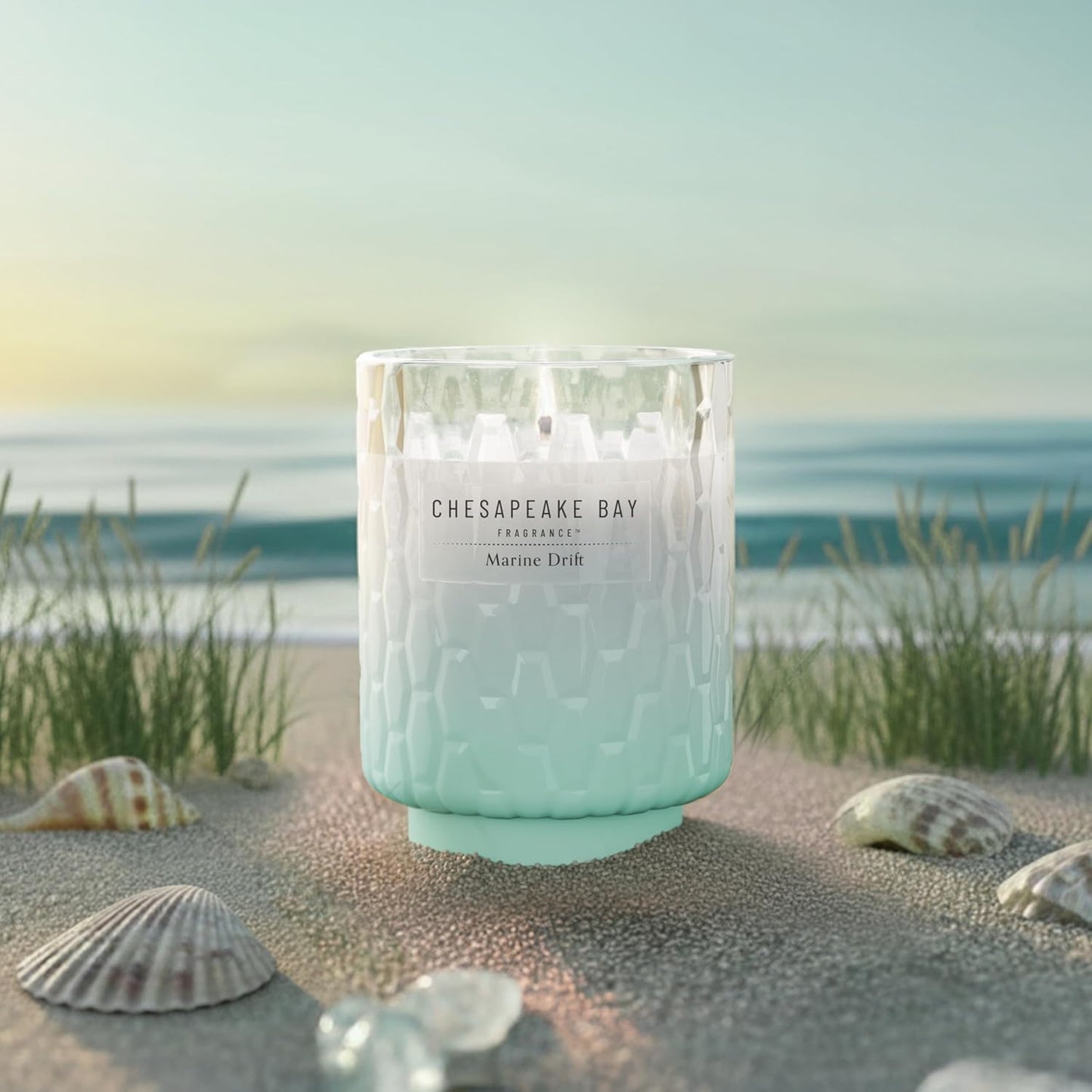 Chesapeake Bay, 11oz Marine Drift Scented Candle, Mood Evoking Fragrance, Textured Sea Glass-Inspired Jar, Premium Soy Blend Wax with Essential Oils, Coastal Fragrance for Home Décor or Gifting