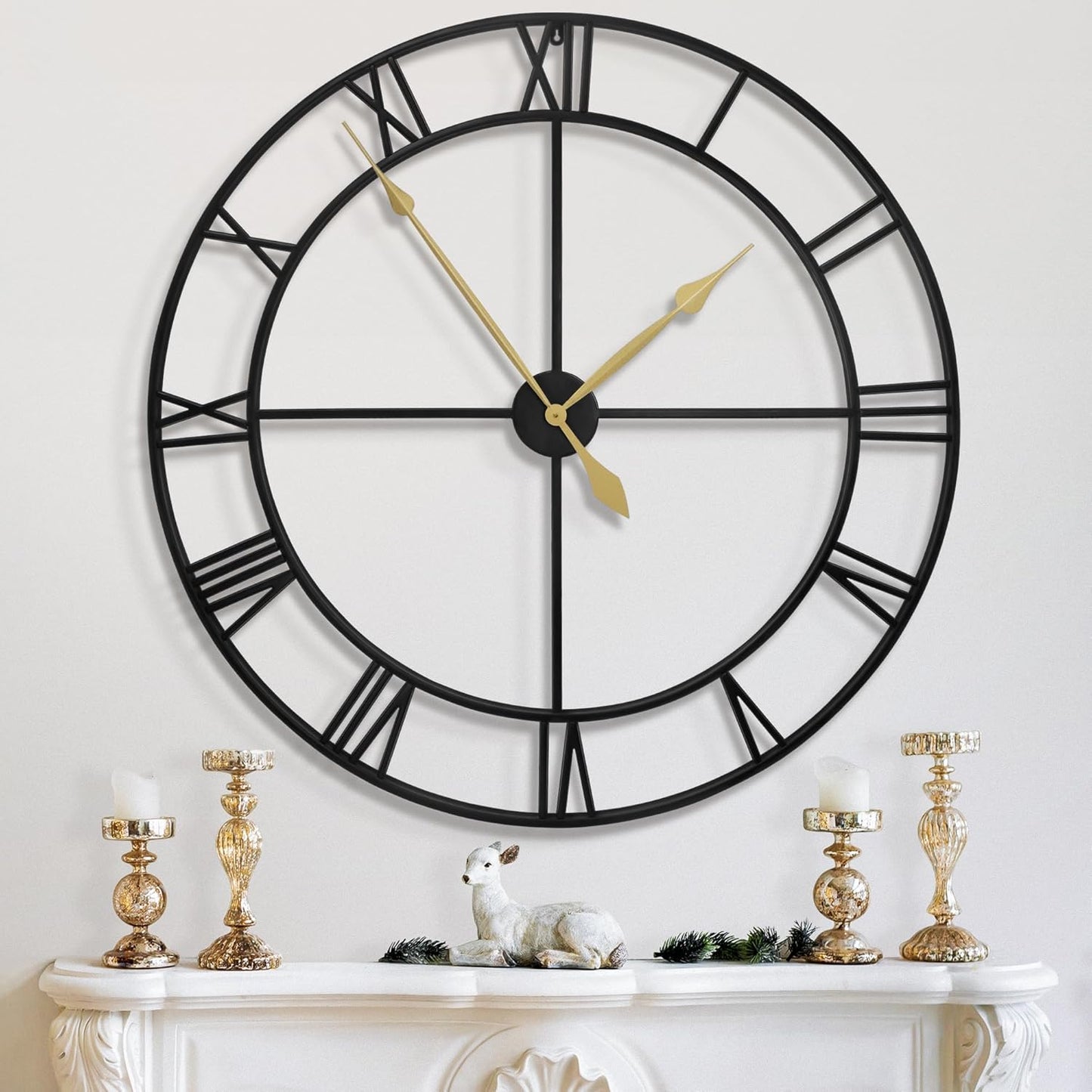 LEIKE 16" Large Wall Clocks Battery Operated, Round Modern Silent Non-Ticking Black Metal Wall Clock for Living Room Decor, Bedroom Kitchen (40cm Diameter, Black Roman Number)