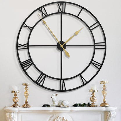 LEIKE 16" Large Wall Clocks Battery Operated, Round Modern Silent Non-Ticking Black Metal Wall Clock for Living Room Decor, Bedroom Kitchen (40cm Diameter, Black Roman Number)