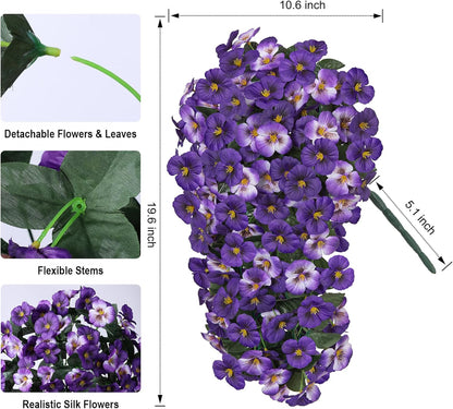 HyeFlora Artificial Flowers for Outdoors, 2pcs Faux Silk Pansies Flowers UV Resistant Fake Hanging Flower Plants for Outside Planters Porch Yard Patio Window Box (Mix Purple)