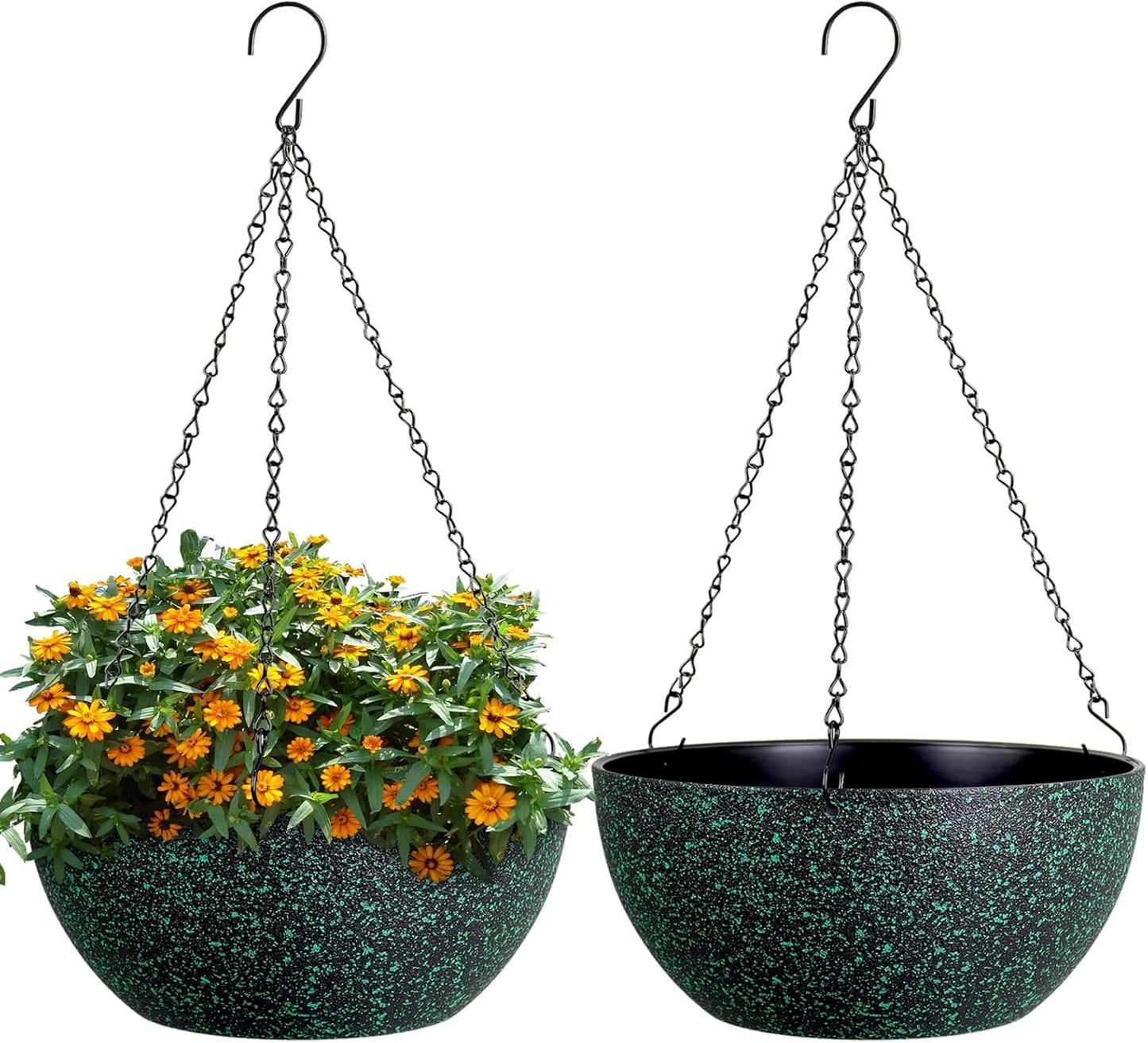 WSMKSZ 10 inch Hanging Planters for Outdoor Indoor Plants with Drainage Holes and Chain, 2 Pack Round Hanging Flower Pots for Garden Home Porch Decor, Black