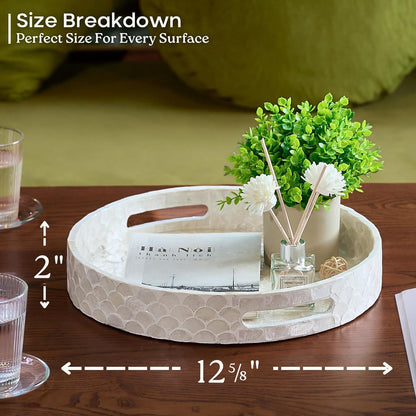 CHI AN HOME Capiz Decorative Tray 15.8” x 11.8” x 1.8" Rectangular Tray, Natural Handmade Serving Tray with Handles for Coffee Tables, Ottoman, Vanity, Kitchen, Coastal Boho Home Decor, White
