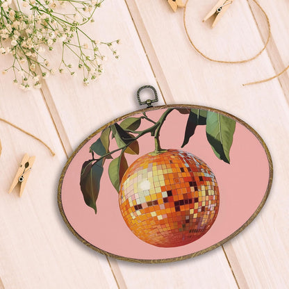 Trendy Funky Orange Disco Ball Oval Wall Art Framed, Funky Retro Oval Wall Decor, Trendy Aesthetic Hanging Canvas Prints Wall Sculptures for Home Living Room Bedroom Decor, 8.5x11.5 Inch