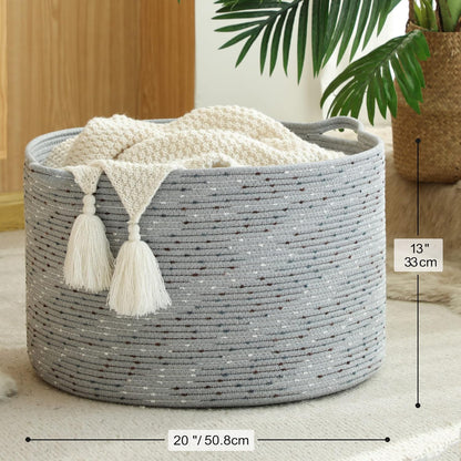 KAKAMAY Large Blanket Basket (20"x13"),Woven Baskets for storage Baby Laundry Hamper, Cotton Rope Blanket Basket for Living Room, Laundry, Nursery, Pillows, Baby Toy chest (White/Brown)