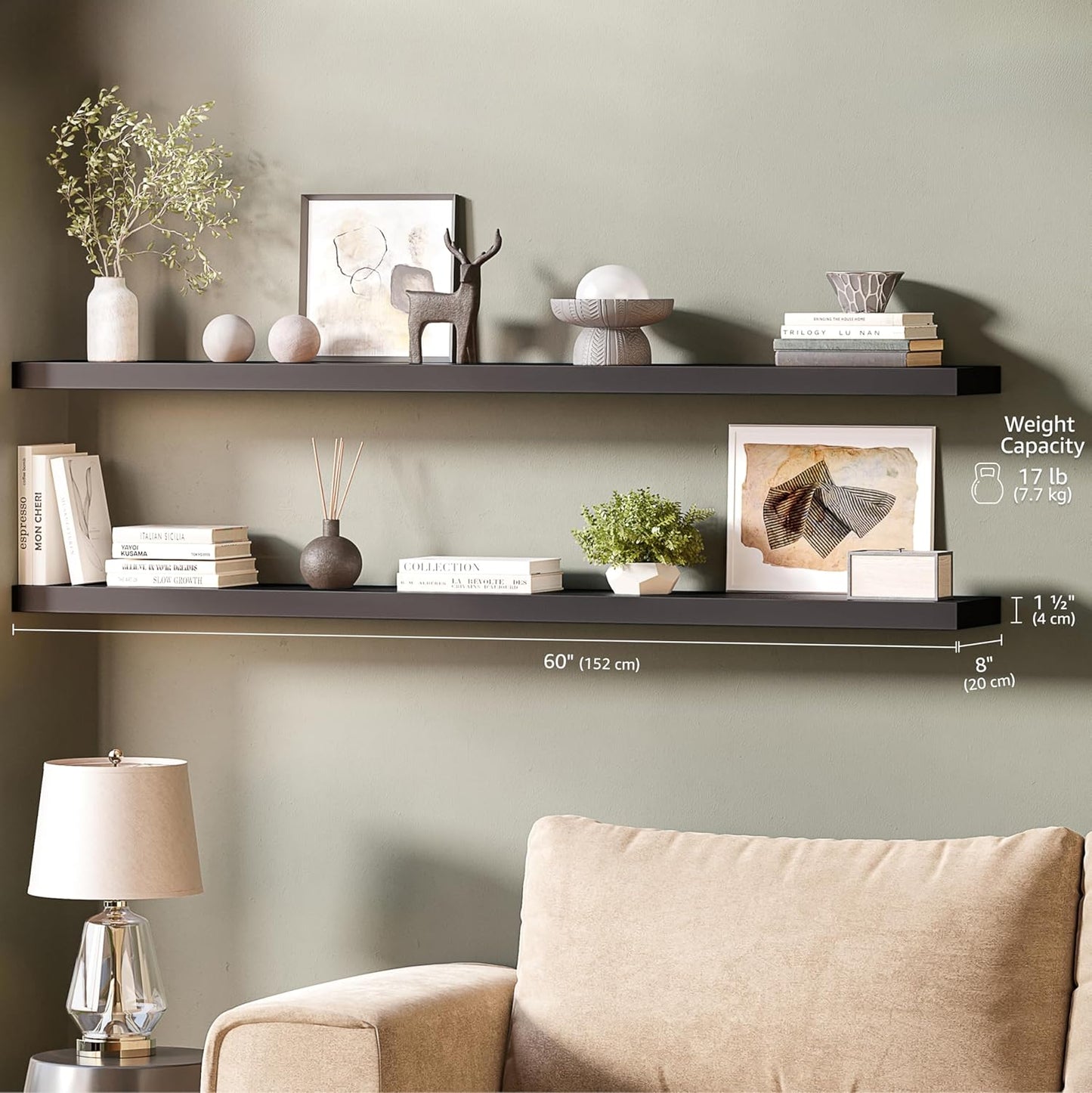 Ballucci Floating Shelves for Wall, 48" Wood Wall Shelf Set of 2, with Invisible Brackets for Bathroom, Living Room, Bedroom, Kitchen, Nursery, 8" Deep, Black