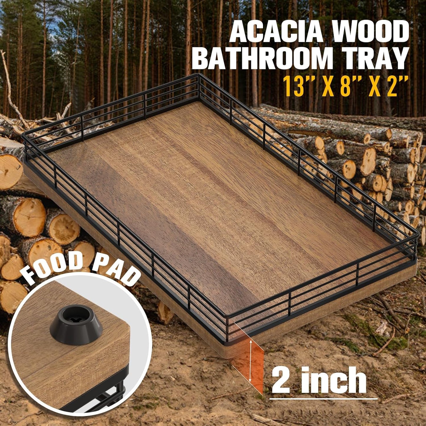 Bathroom Vanity Tray for Countertop, 12" x 6" Acacia Wood Toilet Tank Tray with Metal Guardrail, Bathroom Organizer for Soap, Perfume & Skincare, Non-Slip Decorative Tray for Dresser, Black & Acacia