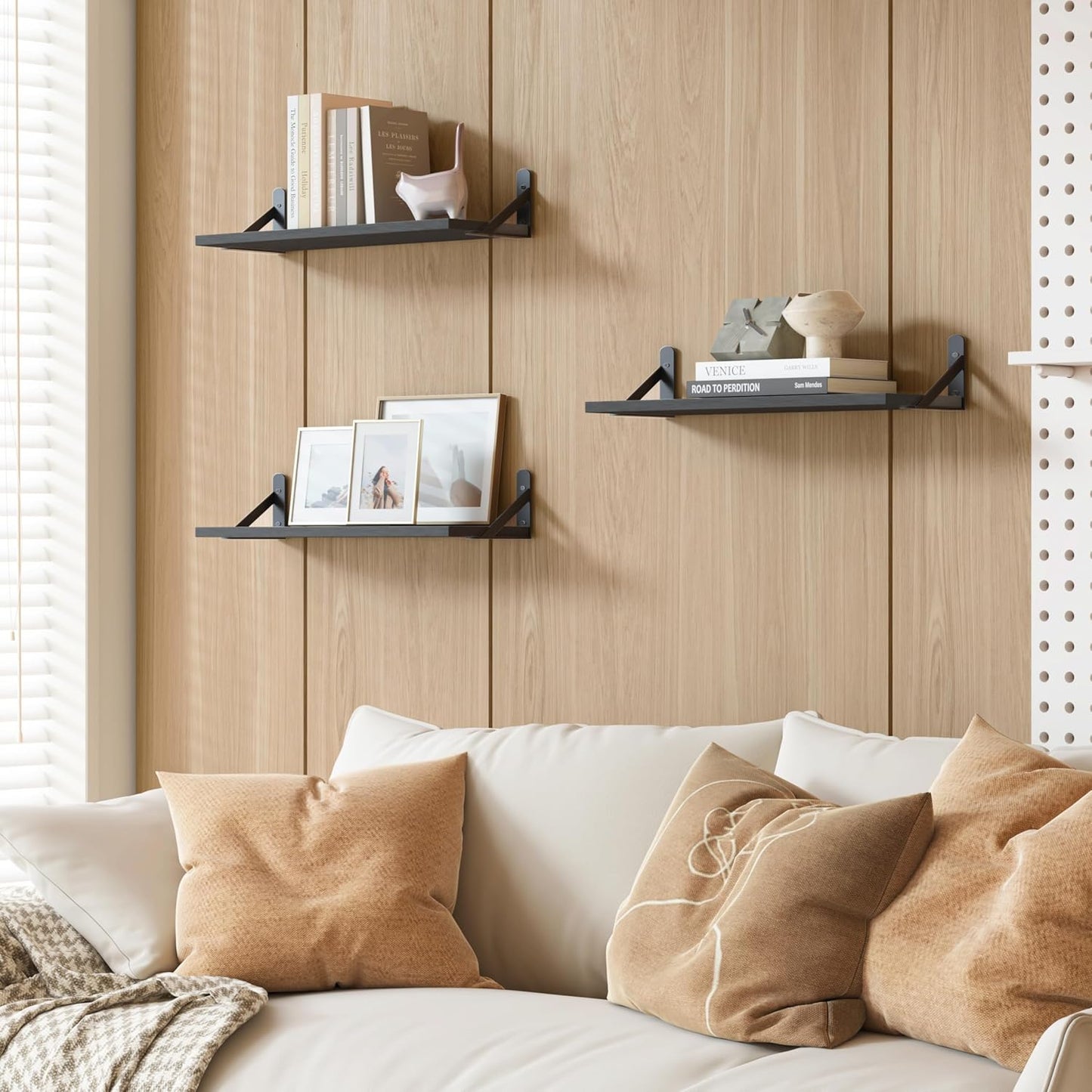 YGEOMER Brown Floating Shelves for Wall, 16.5 Inch Farmhouse Wall Shelves for Bedroom, Bathroom Storage, Living Room and Kitchen Decor (Set of 6 Brown)