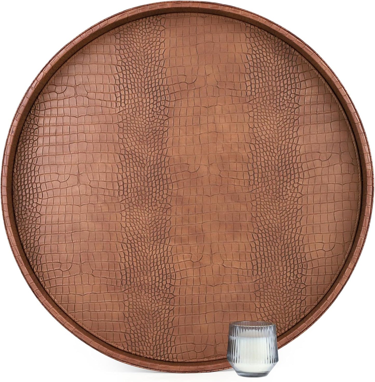 HofferRuffer Round Serving Tray 20'', Elegant Faux Leather Circle Ottoman Table Tray, Serve Tea Coffee Breakfast in Bedroom Living Room Kitchen (Brown)