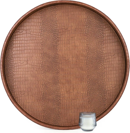 HofferRuffer Round Serving Tray 20'', Elegant Faux Leather Circle Ottoman Table Tray, Serve Tea Coffee Breakfast in Bedroom Living Room Kitchen (Brown)